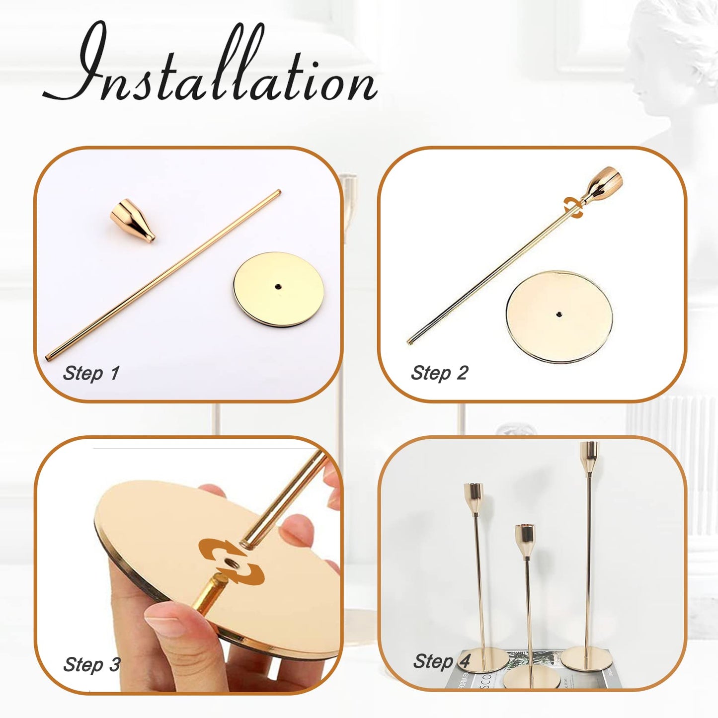 6Pcs French Honey Gold Candlestick Holders, Tall Taper Candelabra Stands fits 3/4 inch Thick Pillar Candle Stick, Elegant Decor Set for Table Centerpiece, Floor, Fireplace as Date, Festival, Fitting.