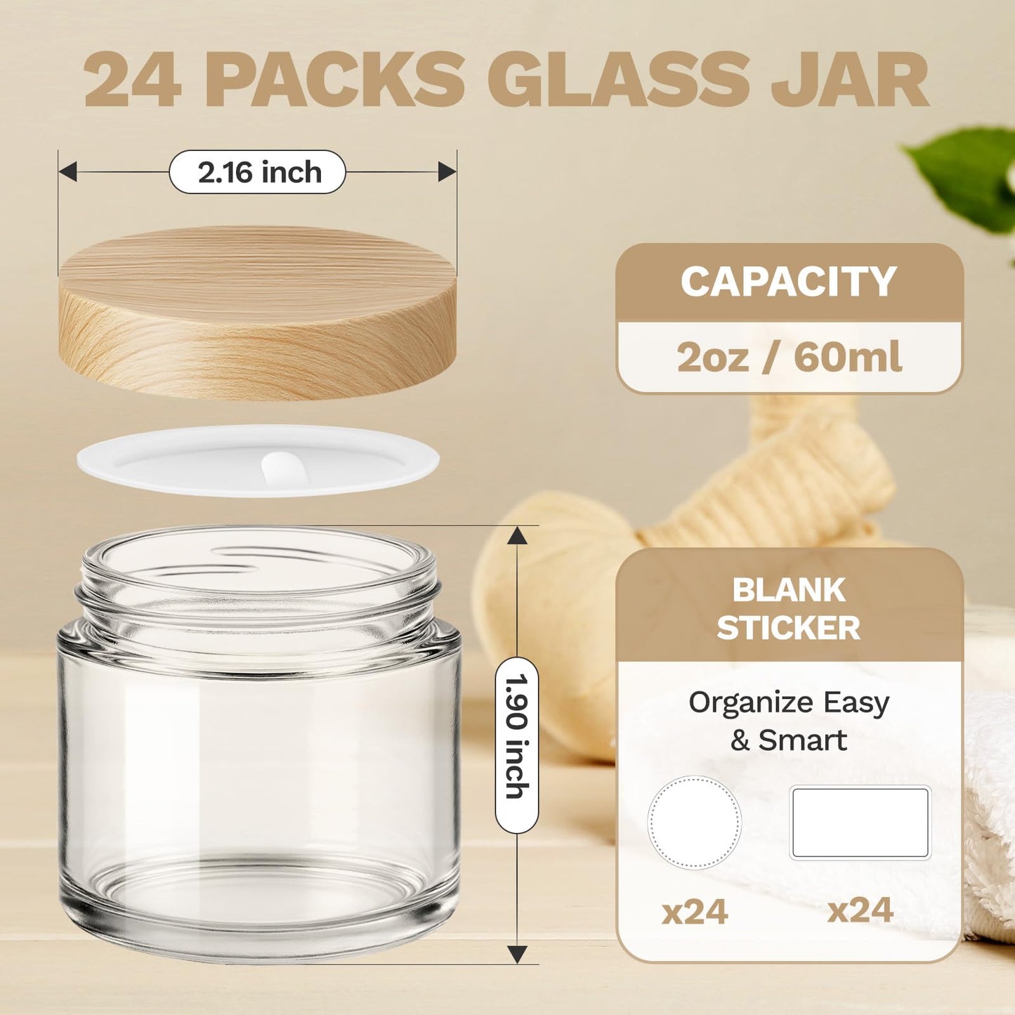 Bumobum 2 oz Small Glass Jars with Plastic Woodgrain Lids, 24 Pack Clear Glass Cosmetic Jars with Inner Liners, 60ml Refillable Empty Sample Containers for Cream, Salve, Powders and Lotion Storage