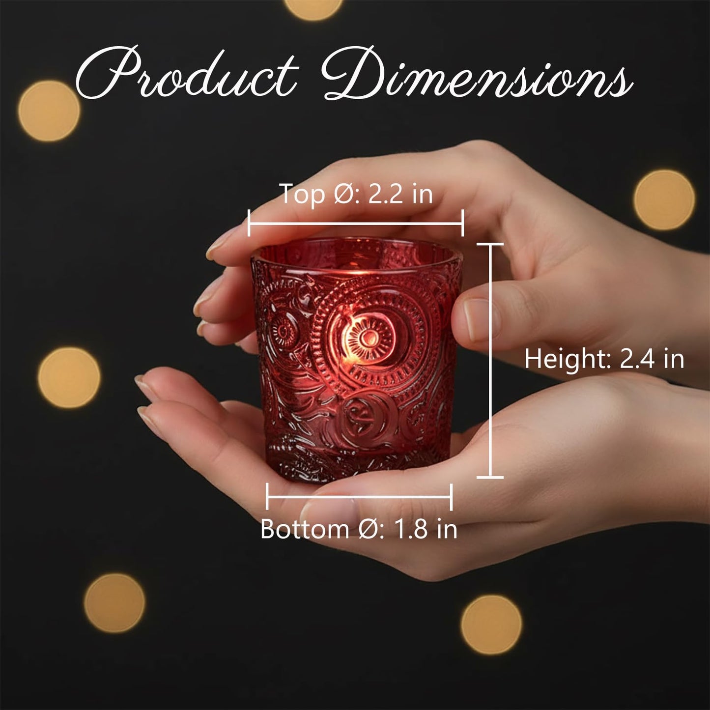6 Pack Patented Sun Moon Star Embossed Glass Tea Light Candle Holders - Unique Votive Candle Holders for Wedding, Party, and Table Centerpieces (Wildberry Red)