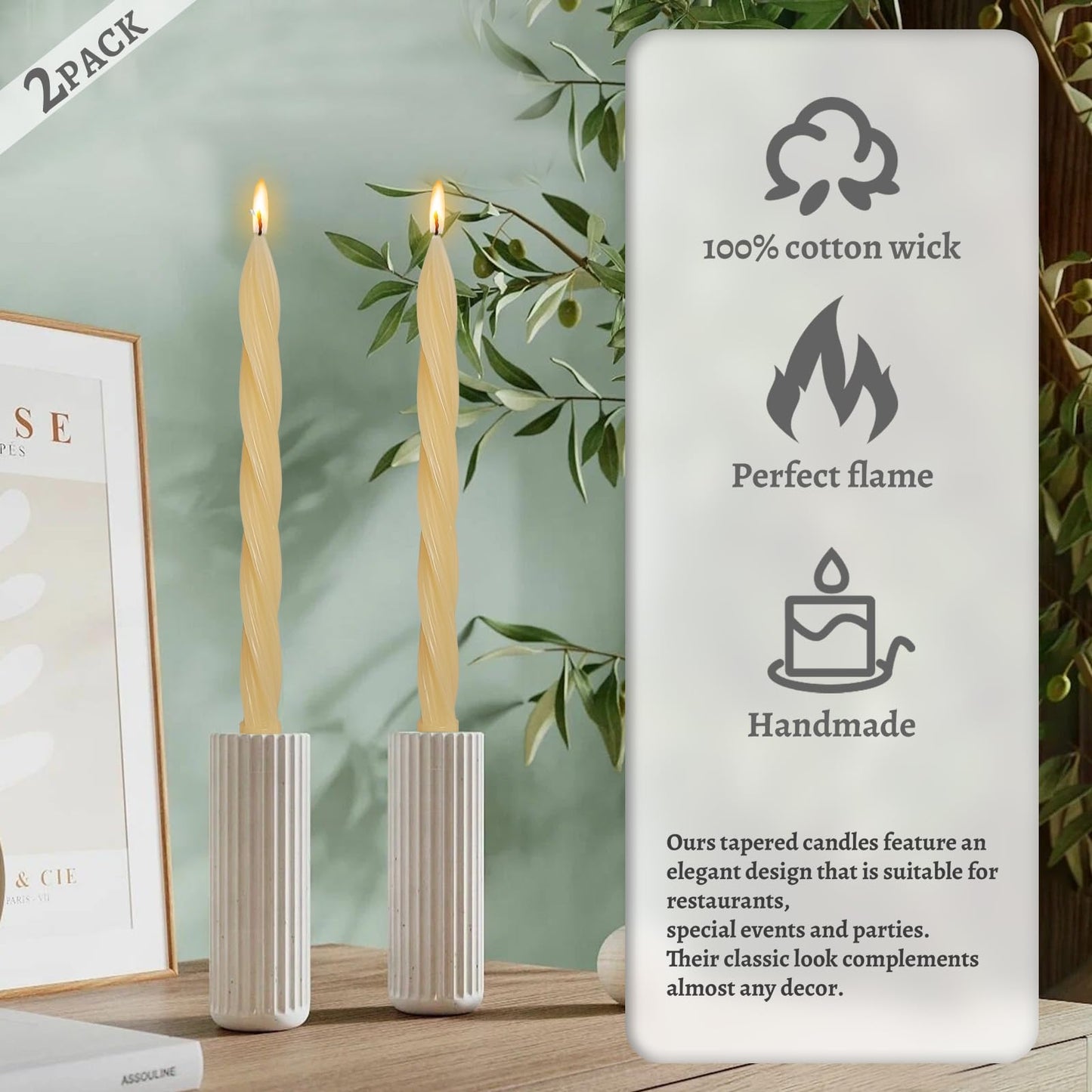 Handmade Unscented Long Spiral Taper Candle Yellow 10 Inch Smokeless Tall Twisted Candlesticks Elegant Design for Home Décor