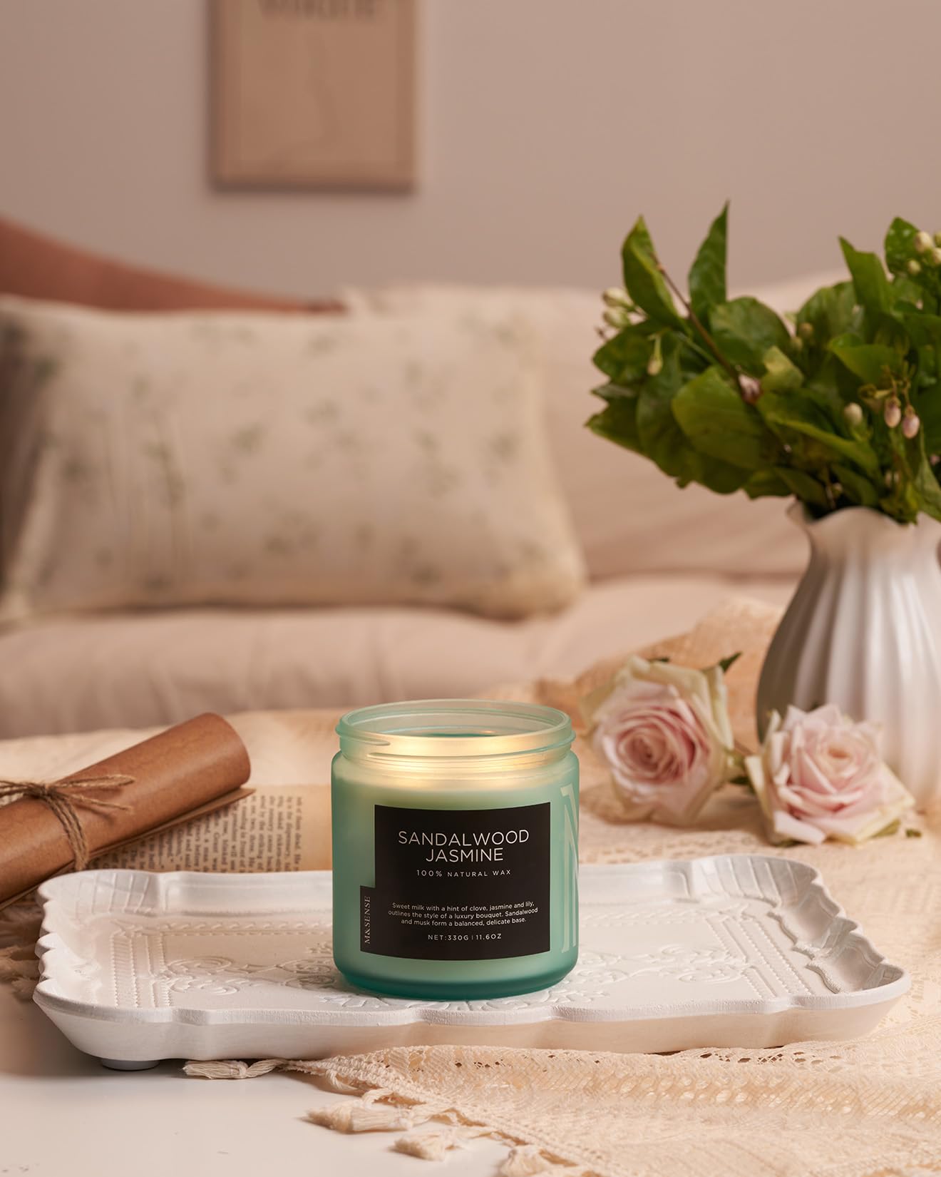 M&SENSE Sandalwood Jasmine Home Scented Candles, 11.6oz Organic Natural Soy Wax, 70 Hours Long Lasting Slow Burning, Non Toxic Clean Burn, Spring Floral Smelling for Meditation Relaxation