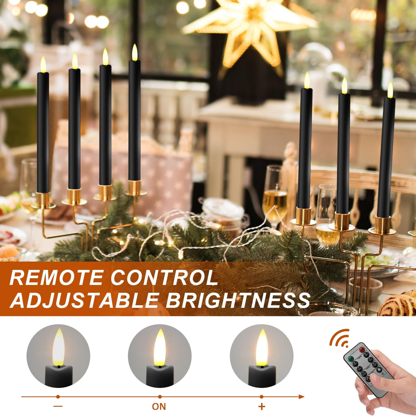 Sunjas 6PCS Flameless Taper Candles with 3D Flickering Flame Battery Operated Candles with 2 Remote with Button Cell Battery 10 Inch Black LED Candlesticks Window Candle for Christmas Home Decor