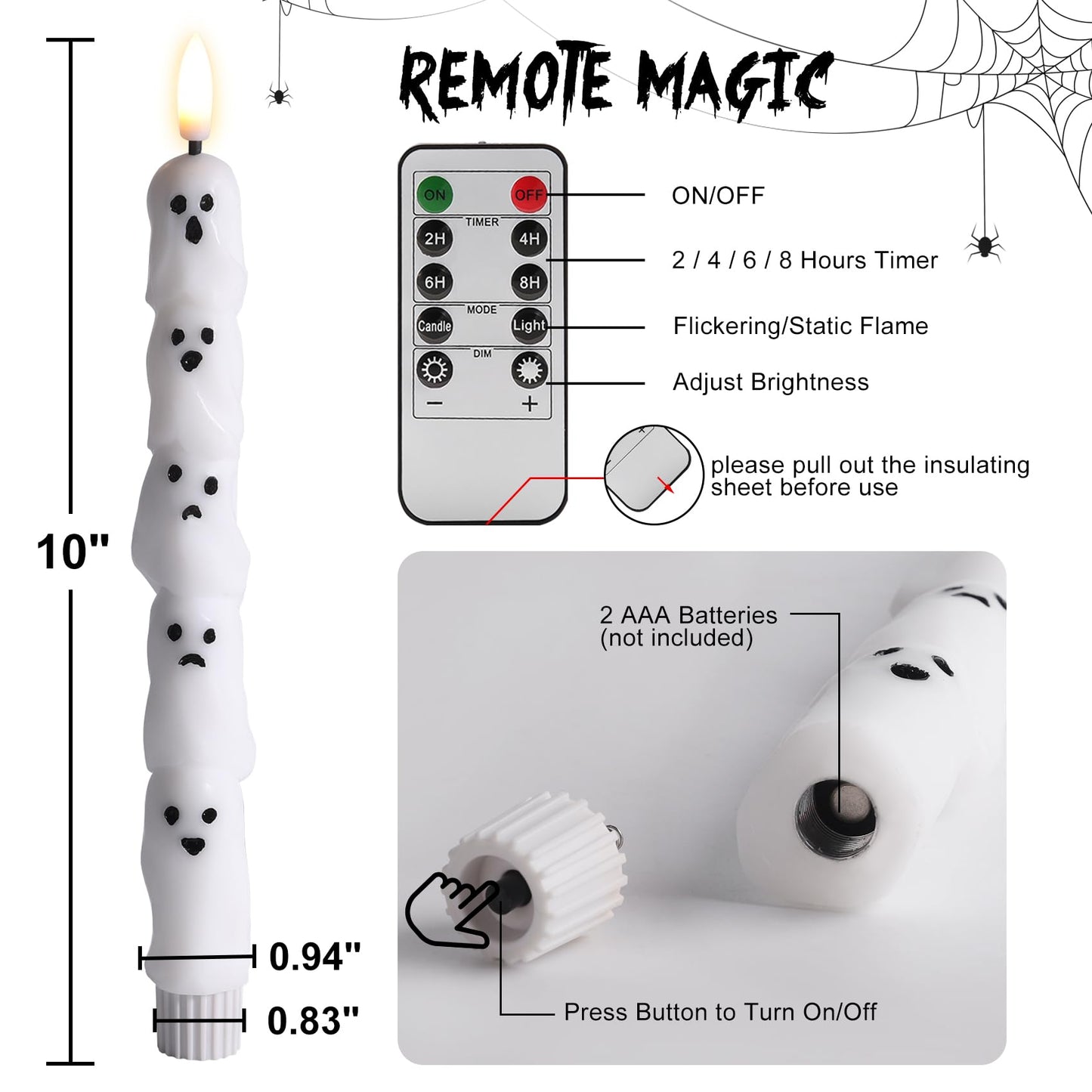 Eywamage Halloween Flameless Taper Candles with Remote, White Ghost LED Candlesticks Battery Operated Flickering Real Wax Set of 2