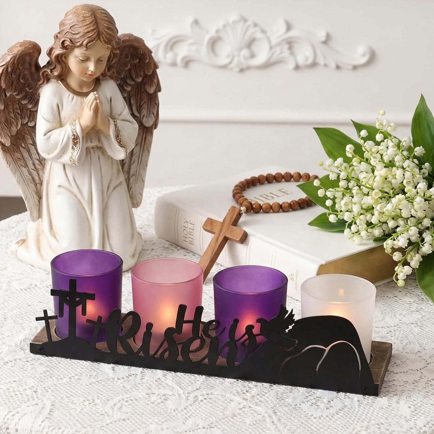 SYFURNIX He is Risen Easter Decor, 4 Glass Votive Tealight Candle Holders & 1 Wooden Tray, Easter Religious Decor for Church Event Pray Table Centerpiece, Christian Gift