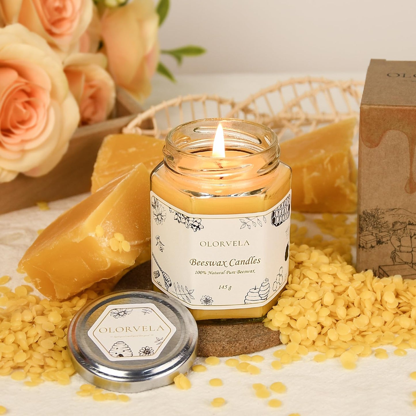 Olorvela Jar Beeswax Candles-100% Natural Pure Beeswax Candles,5oz Unscented Beeswa Candle,Up to 30 Hours Burn Time, Bees Wax Candles for Decor,Party,Christmas 1 Pack