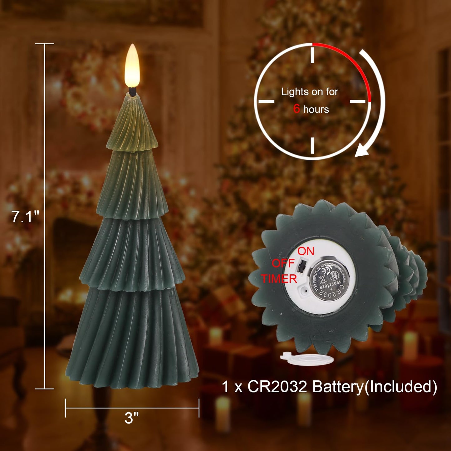 Eldnacele Stripe Christmas Tree Flameless Candle with 6 Hour Timer, Battery Operated(Included) 3D Wick Flickering Real Wax Green LED Candles Xmas Eve Dinner Holiday Decor (2Pcs,3"×7.1")