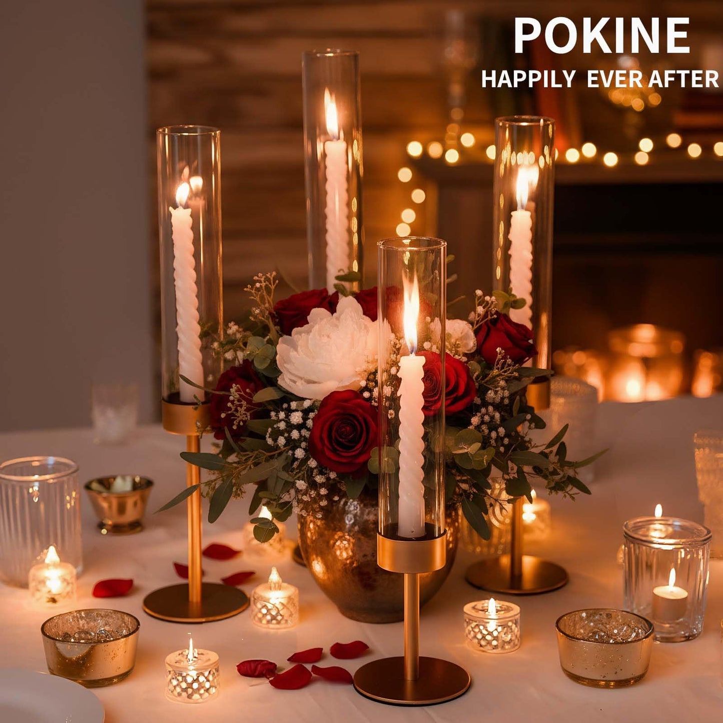 POKINE Set of 6 Gold Candle Holders, Tall Hurricane Candlestick Holders with Glass for Taper and Pillar Candles, Home Decor for Wedding, Christmas, Party, Anniversary, Dining Table