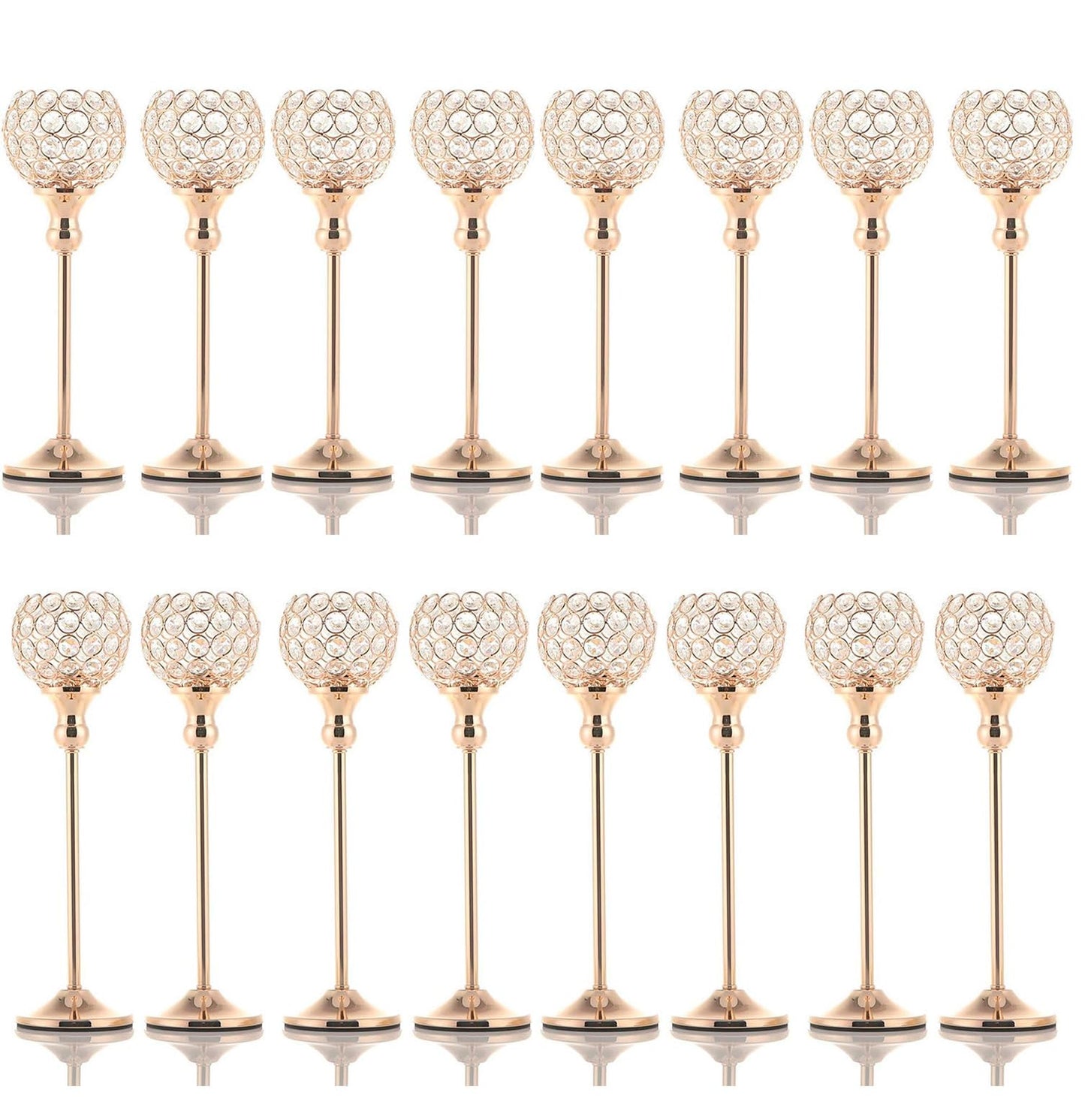 VINCIGANT 16PCS Gold Crystal Candle Holders Pillars for Wedding Decoration,Votive Crystal Candle Holders for Dinner Table Room Party Rhinestone Decorative