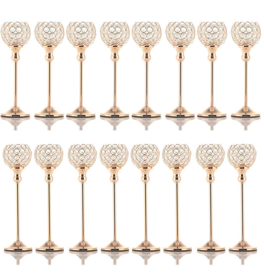 VINCIGANT 16PCS Gold Crystal Candle Holders Pillars for Wedding Decoration,Votive Crystal Candle Holders for Dinner Table Room Party Rhinestone Decorative