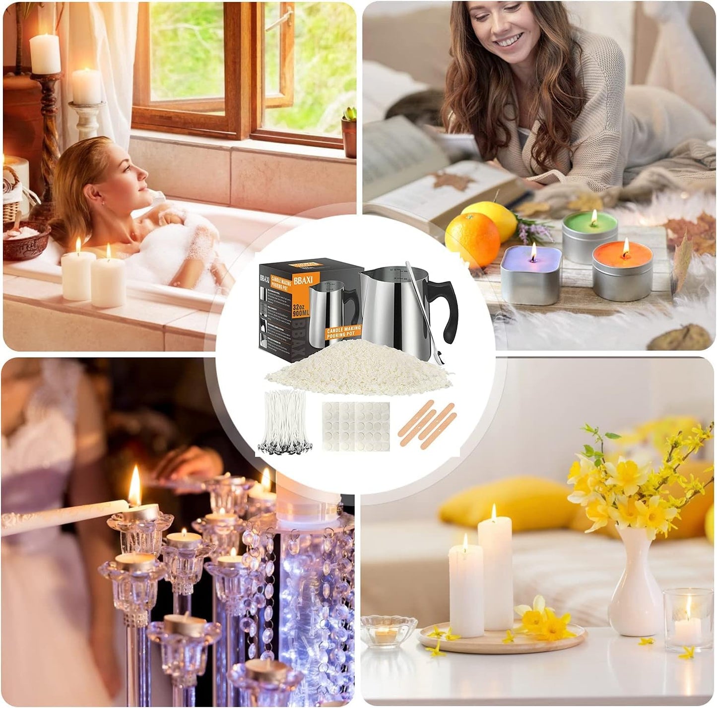 BBAXI Candle Making kit Supplies，Nature Soy Wax DIY Craft Tools with 32oz Candle Making Pouring Pot,16oz Soy Wax,Wooden Wick Holders, Candle Wicks,Stickers,Thermometer and Spoon for Beginners Adults