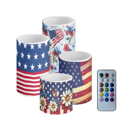 NETILGEN Patriotic American Flag Theme Flickering Flameless Candles 4 Packs Battery Powered LED Candles with Timer Remote Control American Independence Day 250th Anniversary Decor