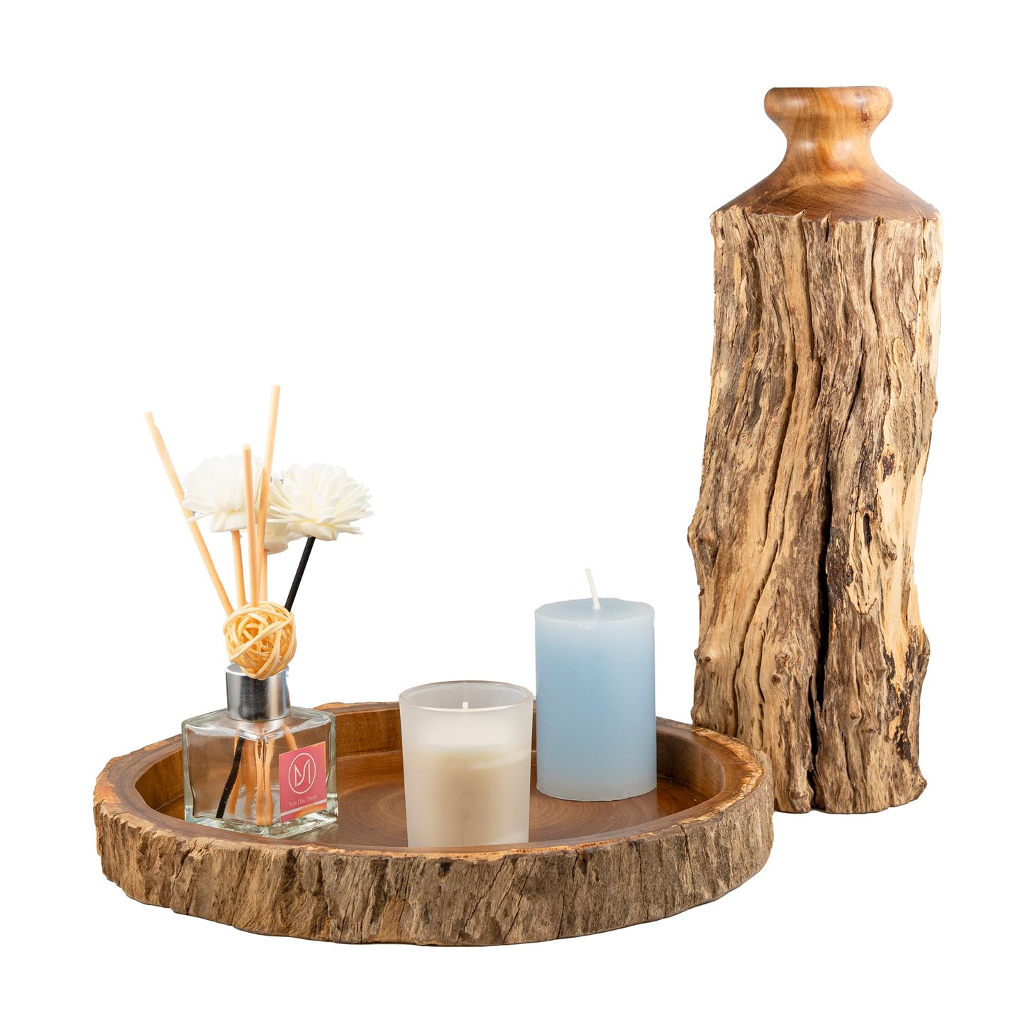MINDUSO Irregular Shape Wood Trays, Natural Wooden Tray for Décor, Rustic Wooden Tray, Candle Holder Trays, Wood Tray for Home Décor, Size D(10.5") xH(1.2")