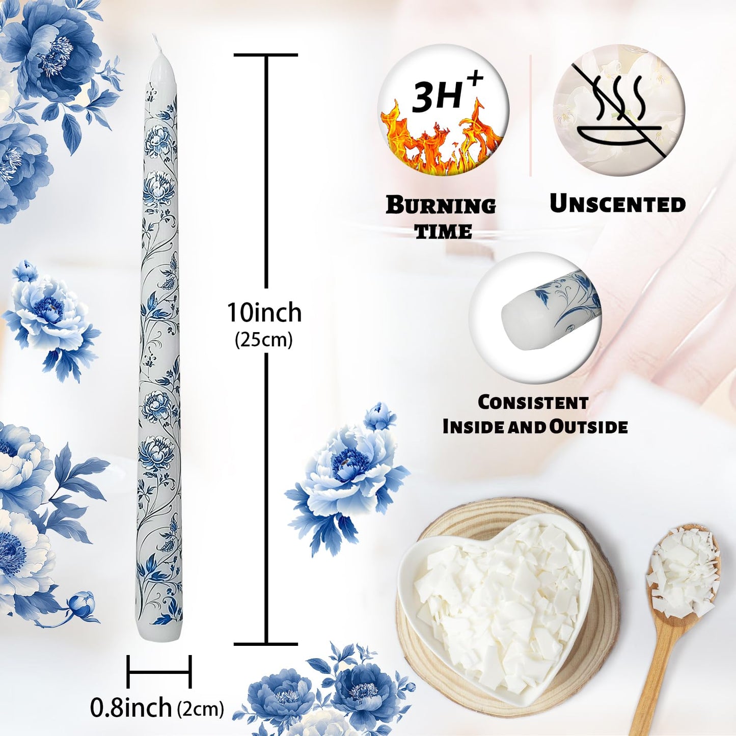 Floral Taper Candles 10 Inch Tall Unscented Handmade Blue and White Peony Pattern Print Long Burning Elegant Candlesticks for Wedding Dinner Home Decor
