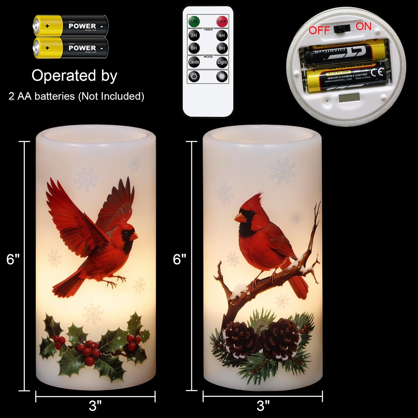 Lasumora Christmas Cardinal Flameless Pillar Candles with Remote Timer, LED Candles in Real Wax Holder, Battery Operated Candle for Christmas Décor Indoor Xmas Gifts(2 Pack, 3” x 6”)
