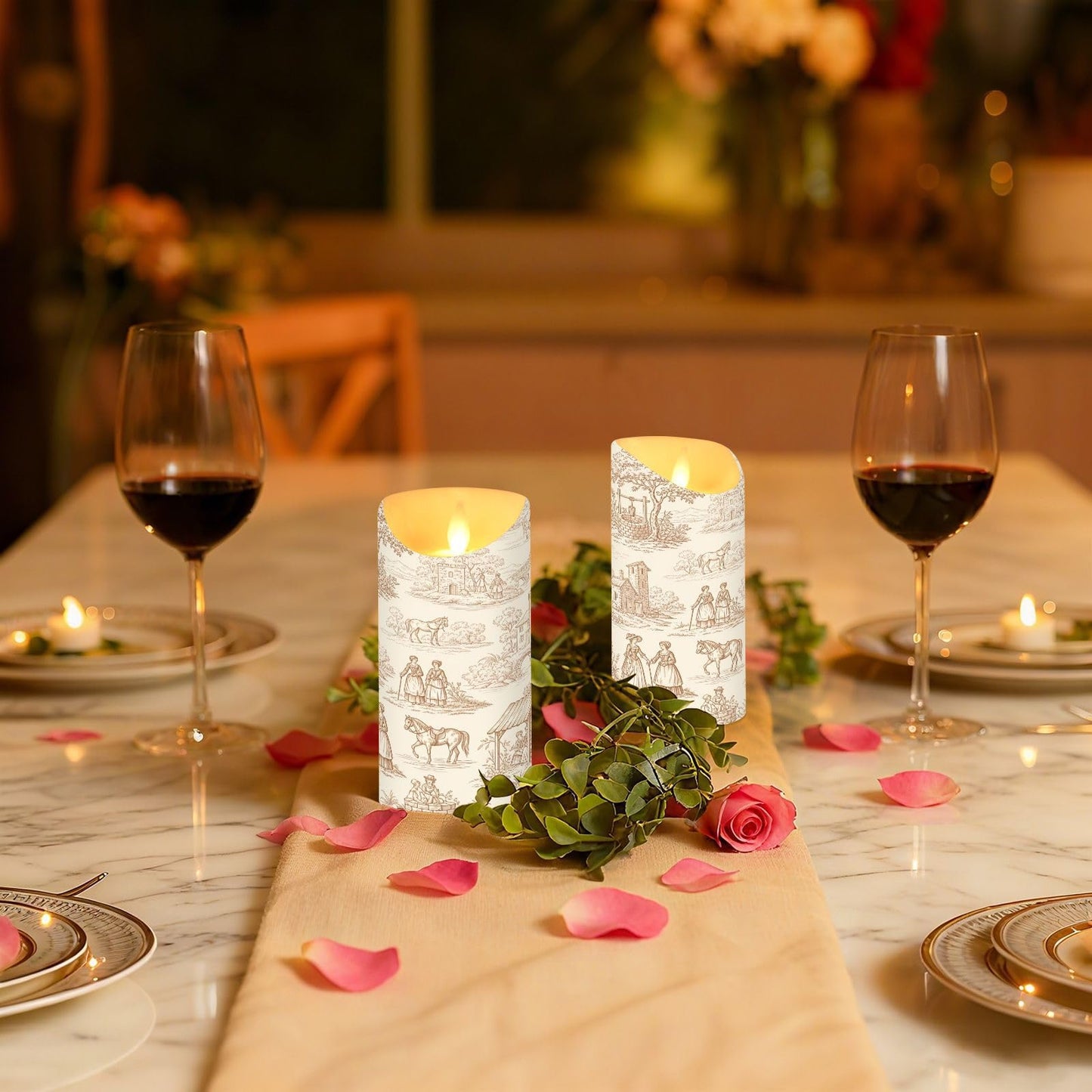 Gravopti Toile Pattern 2 Pack Flameless LED Pillar Candles with Remote & Timer, Battery Operated, Flickering Wax Candle for Wedding, Romantic Home & Party Decor