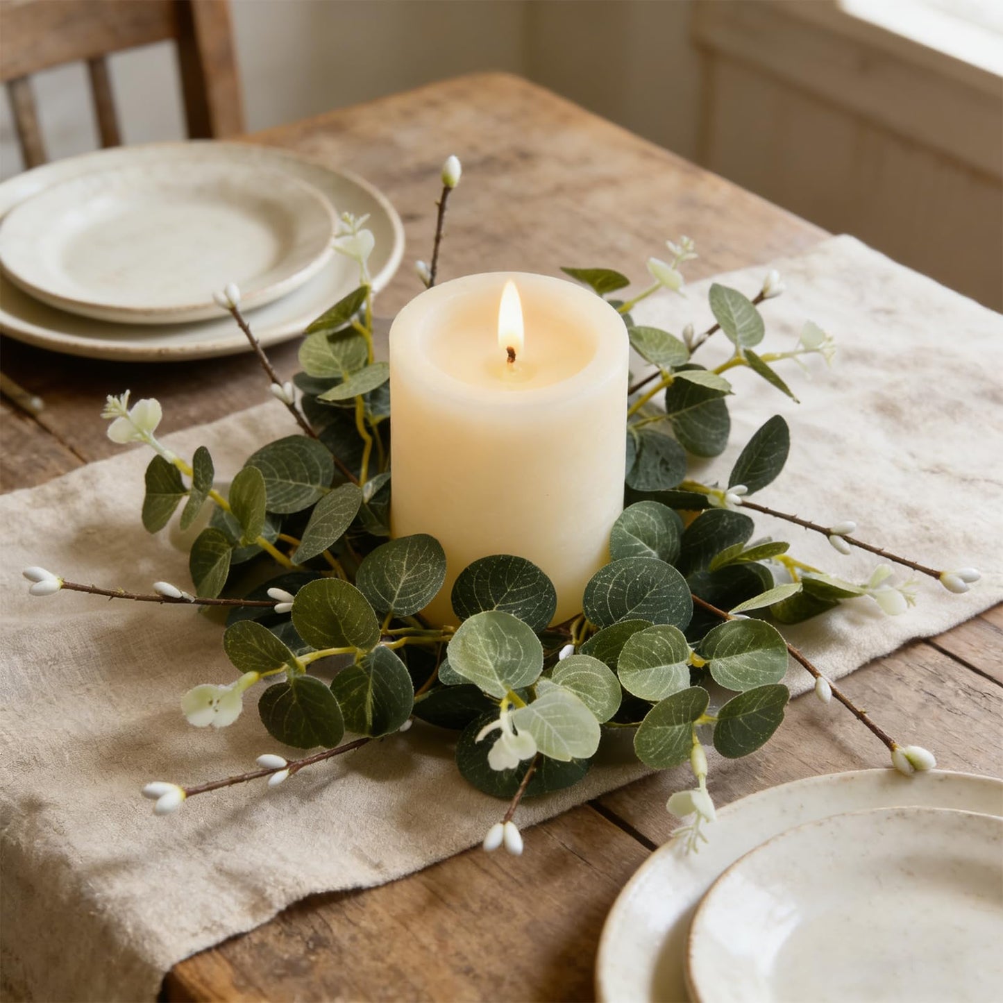 6 Pcs Small Spring Summer Candle Ring Wreaths with Artificial Eucalyptus Greenery White Buds Branches Mini Pillar Candle Holder Wreath for Home Table Centerpieces Kitchen Wedding Farmhouse Party Decor