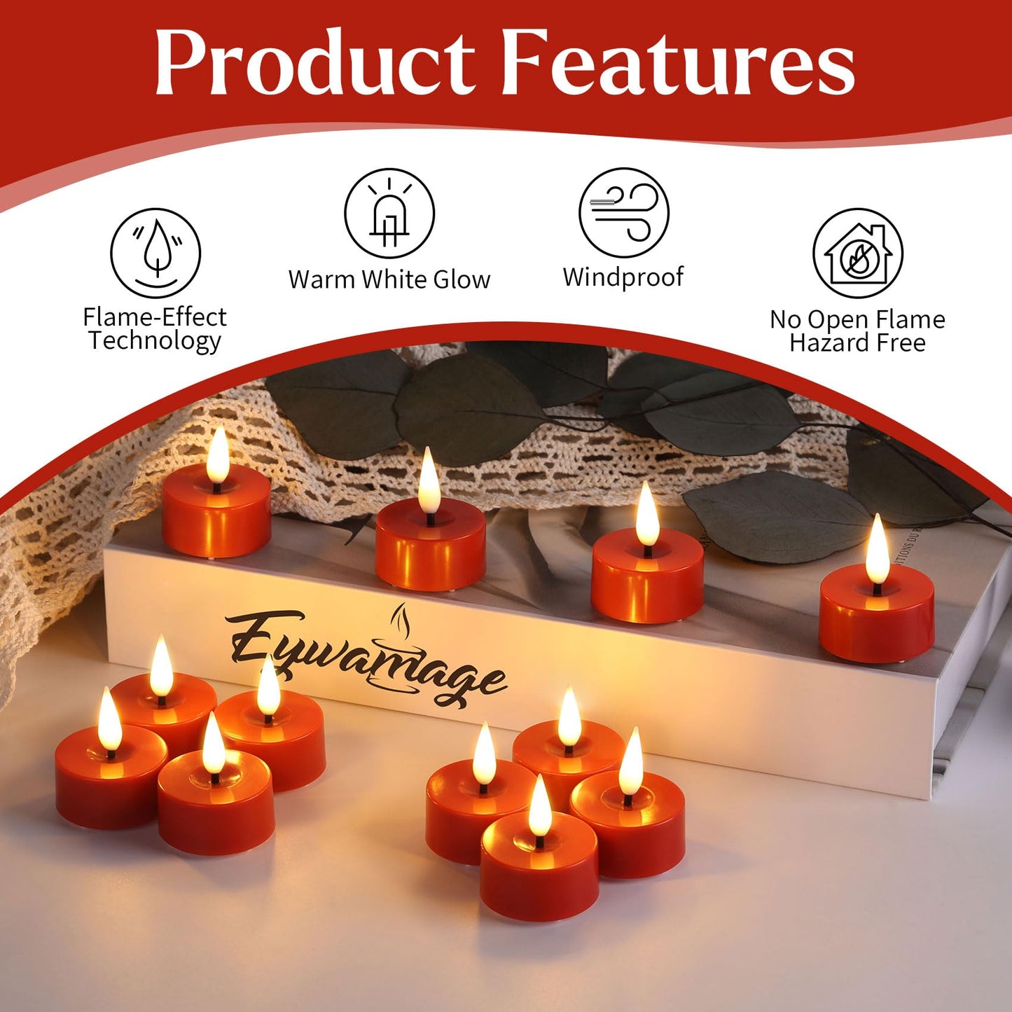 Eywamage Red Flameless Tealights with Remote Batteries, Flickering LED Tea Lights Votive Candles Proposal Decor Set of 12