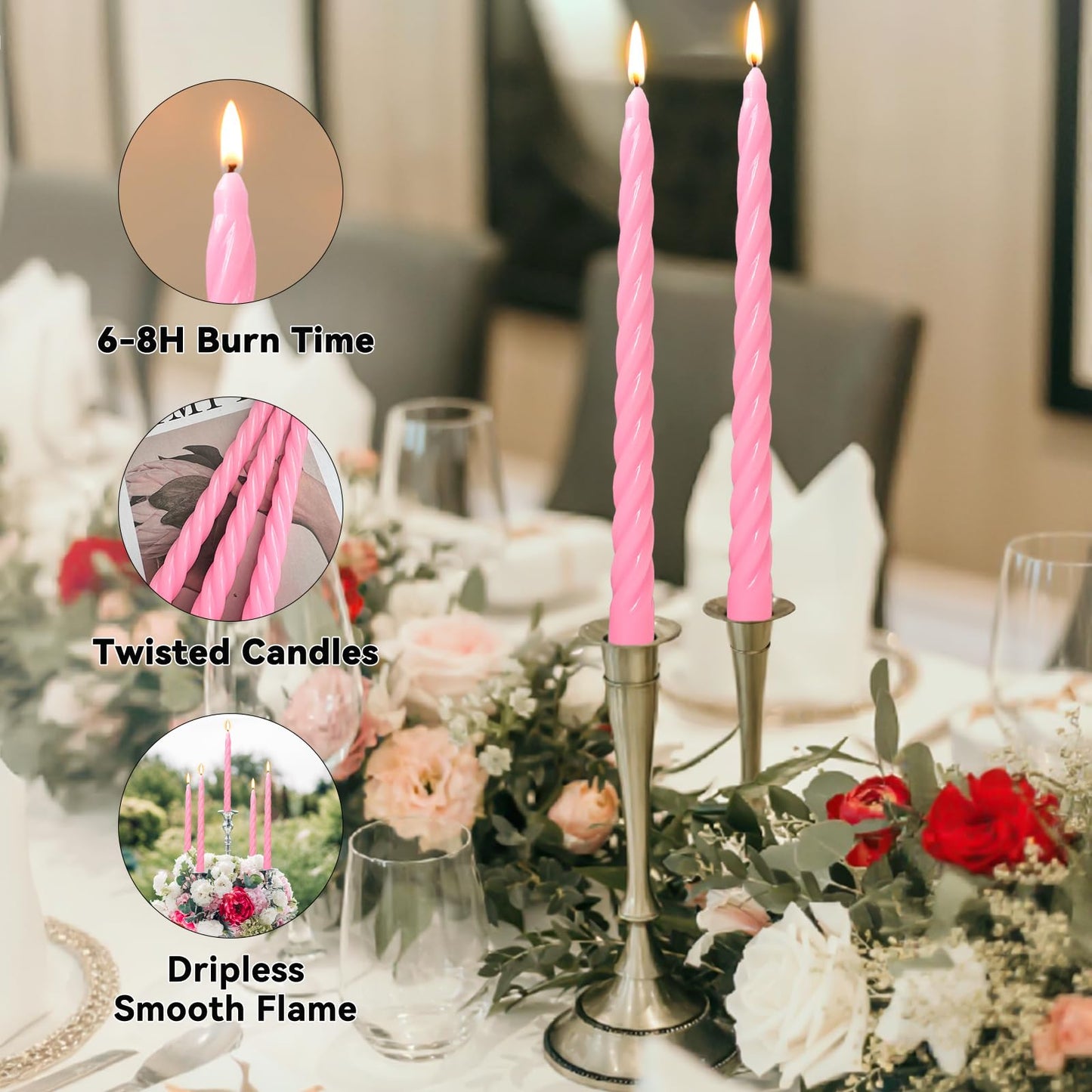 10 Inch Pink Twisted Spiral Taper Candles Set for Holiday Decor, 12 Pack Unscented Candlesticks, Dripelss Tapered Candles for Wedding Dinner Holiday