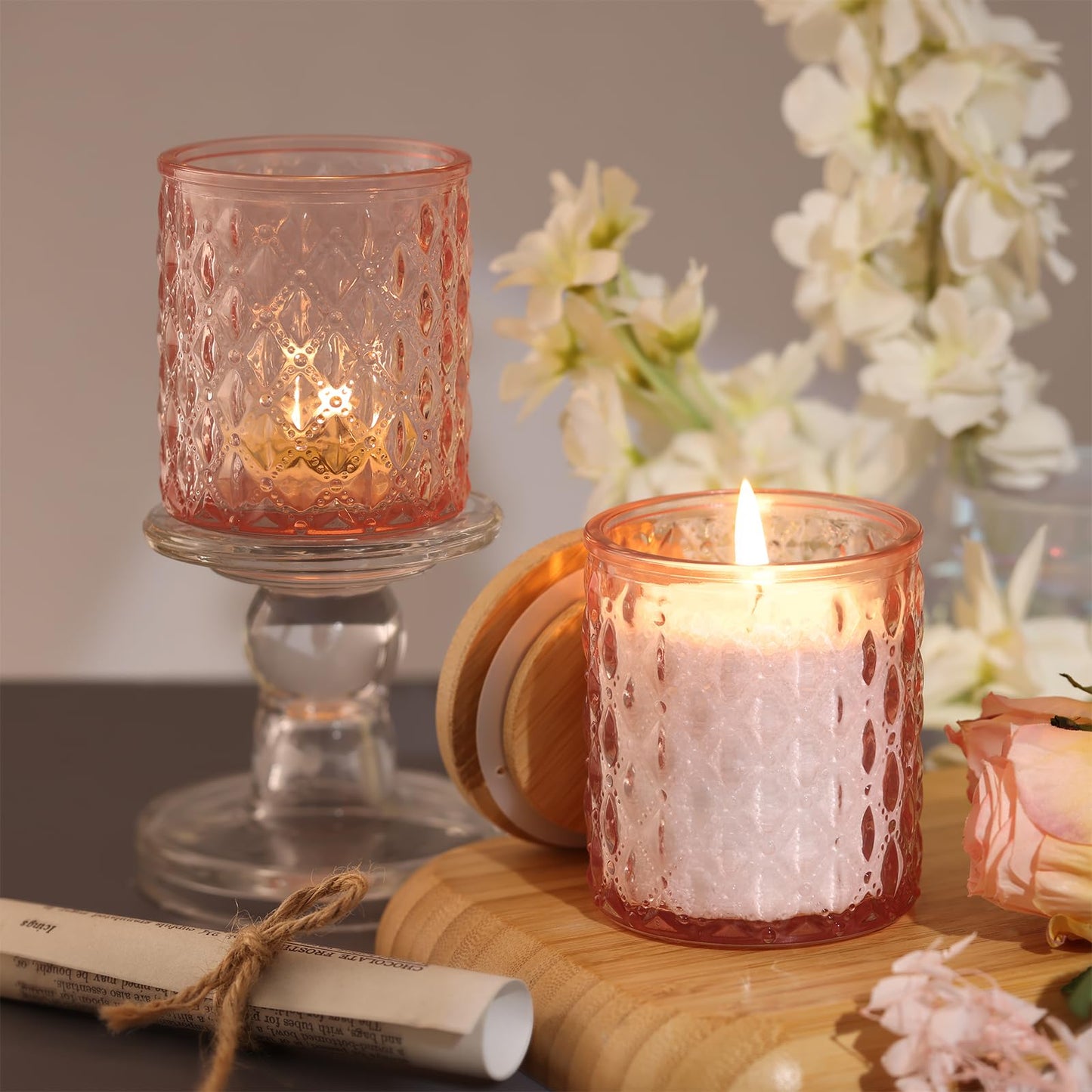 NITIME 15pcs 7.5oz Pink Candle Jars for Making Candles, Glass Candle Vessels with Bamboo Lids and Sticky Labels, Containers for Candle Making Supplies