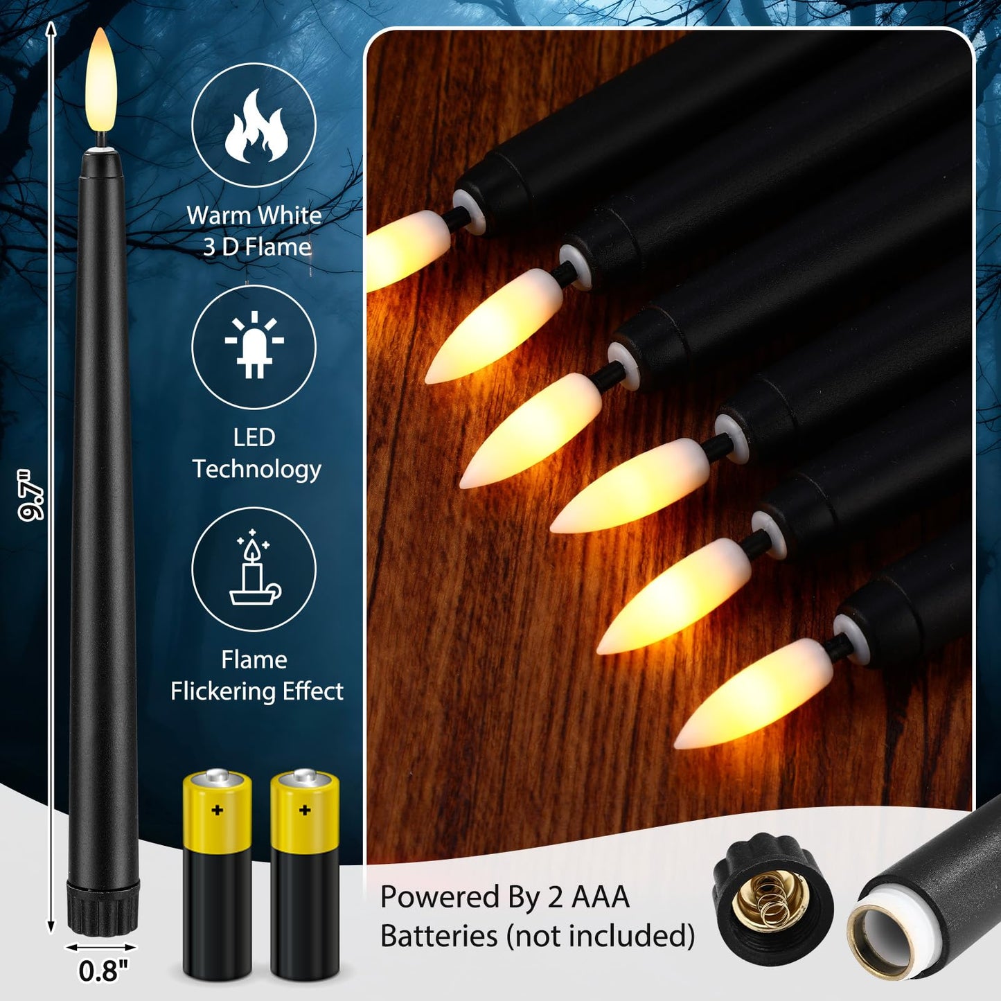 Baquler 12 Pcs 9.7 Inch Black Flameless Taper Candles, Battery Operated Taper Candles LED Warm 3D Wick Flickering Candlesticks for Church Wedding Home Decor Halloween Christmas Hanukkah New Year