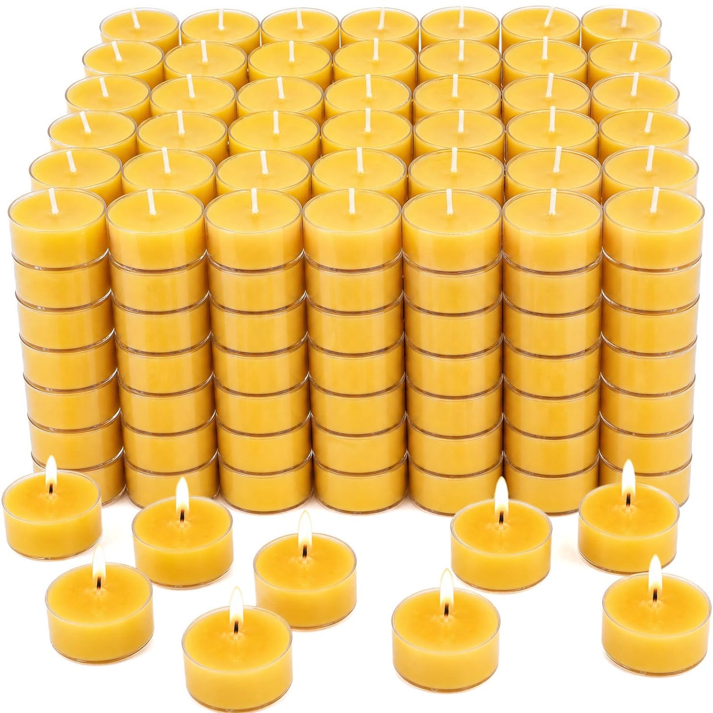 DEYBBY Natural Beeswax Tealight Candles 200 Pack, Unscented Small Beeswax Candles Bulk in Clear Cup, 4-5 Hours Burn Tea Light Candles for Home Decor Emergency Bath Relaxation (Yellow)