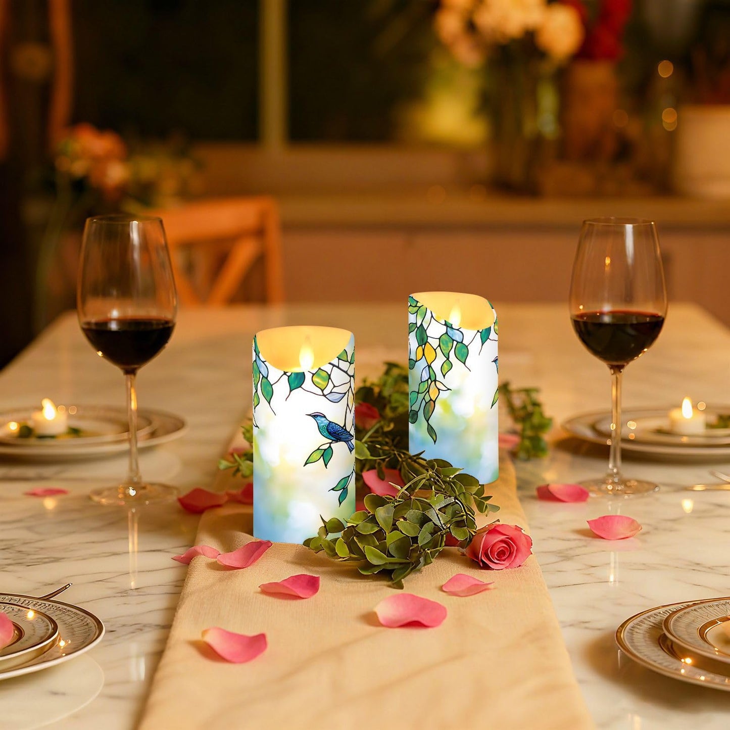 Flameless Candles Set of 2 Bird Leaf Stained Glass Realistic LED Candles with Remote Battery Operated Holiday Decorations