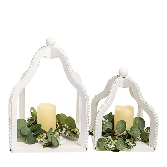 HPC Decor 2 Pack Rustic Farmhouse Lantern Decor,Vintage Wood Beaded Lanterns,White Candle Lanterns Decorative w/LED Lights String and Garland for Home, Indoor,Outdoor, Table, Fireplace, Mantle Decor