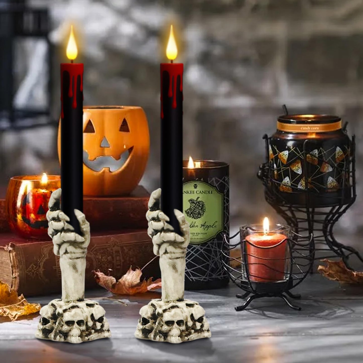 Eldnacele Halloween Flameless Taper Candle Lights Battery Operated with Remote and Timer, 2 Pack Skeleton Hand Holders Black Dripping Wax Effect LED Flickering Candles Home Decor(3” x 12”)