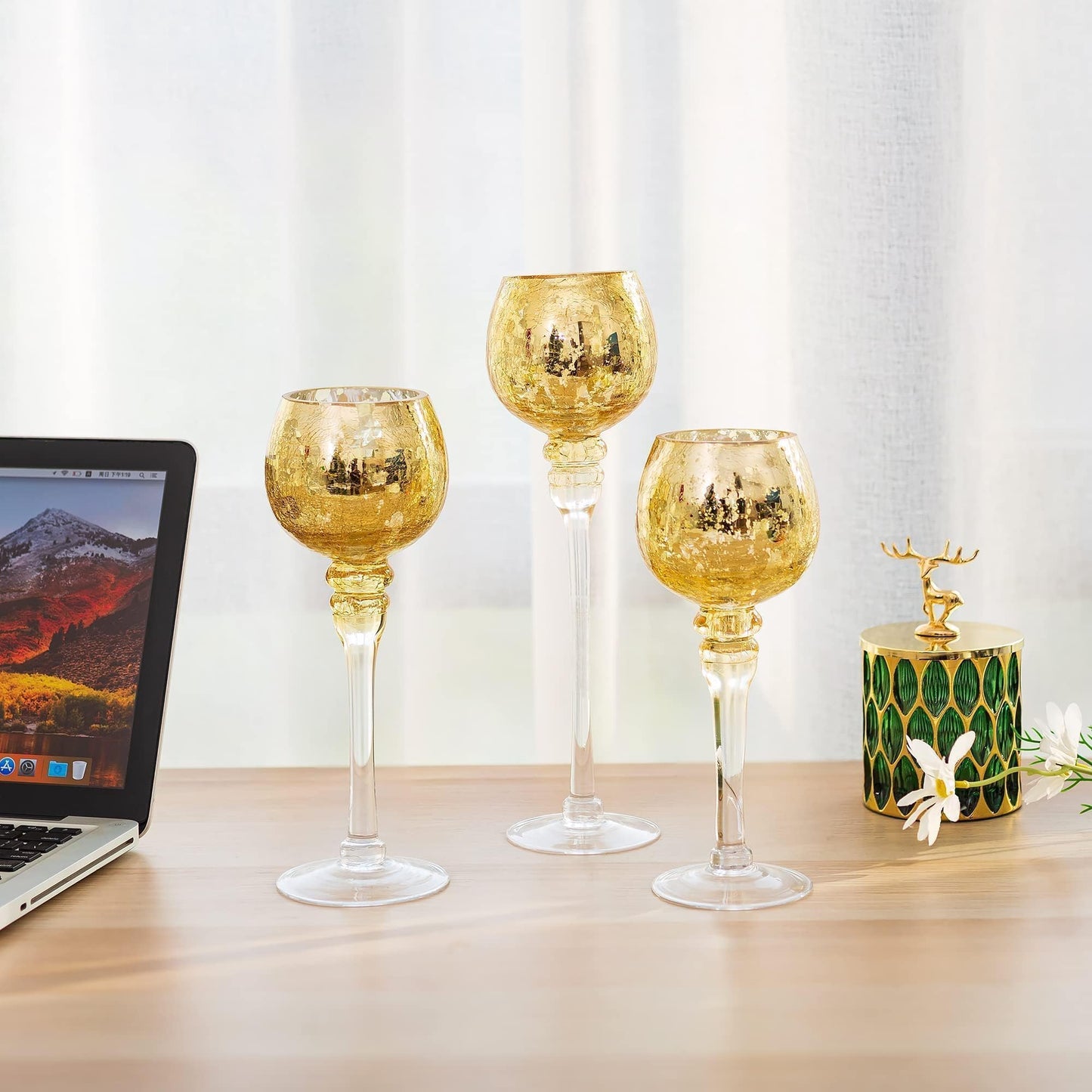 Inweder Glass Tealight Candle Holder: Gold Mercury Votive Holders 9/10/12 Inch Tall Long Setm Floating Candle Holders for Christmas Dining Table Centerpiece Wedding Party Set of 3