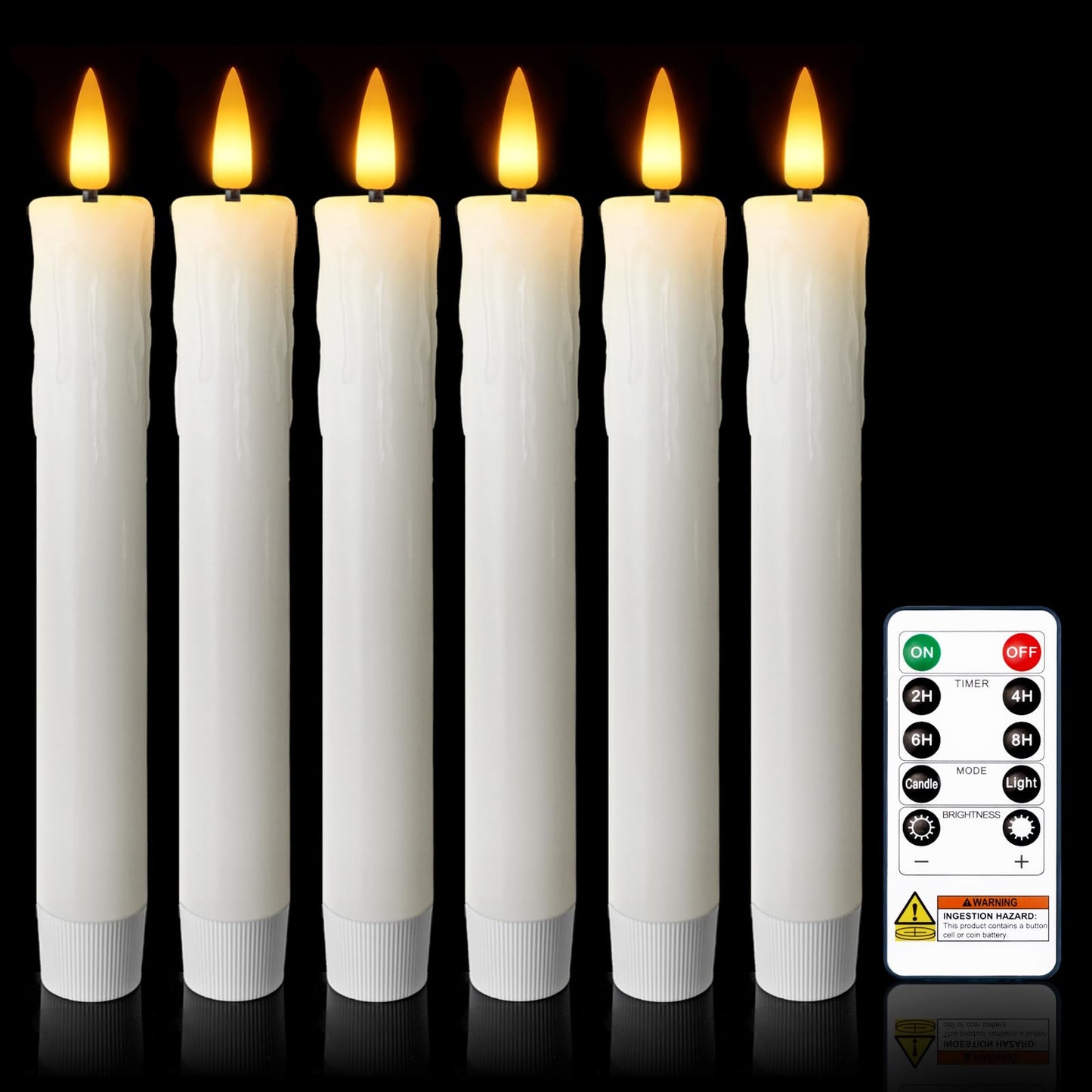 Meigic 7 Inches Dripless Flameless Taper Candles with Remote Timer Dimmer, Real Wax Battery Candlesticks, 3D Flame Fake Candlesticks for Home Wedding Christmas Decor, White, 6 Pcs