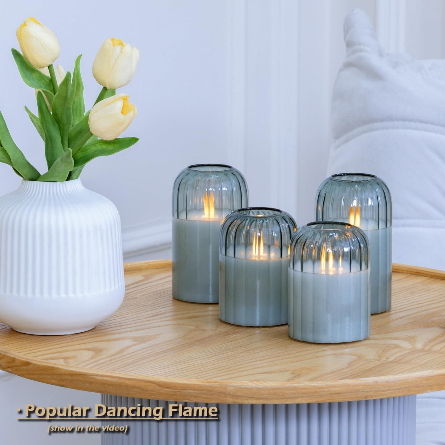 Lezonic Glass Flameless Candles Battery Operated with Remote, Dancing Flame LED Flickering Pillar Candles, Set of 4 Real Wax St. Patrick's Day Gift Fall Decorations for Home Room Decor (Pumpkin Green)