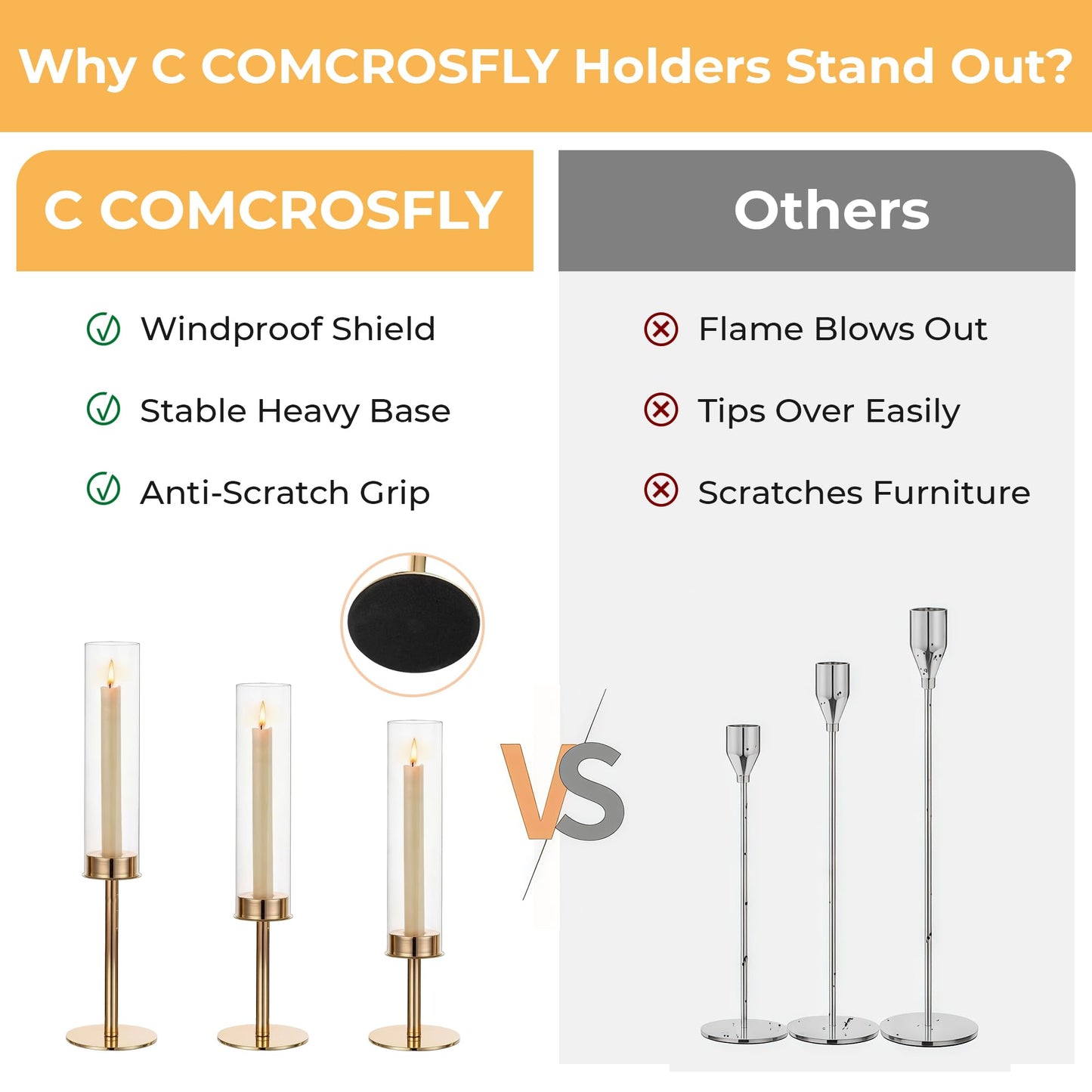 C COMCROSFLY Gold Candle Holders Set of 3, Elegant Glass Hurricane Candlestick Holders for Table Centerpiece, Wedding Decor, Modern Tall Candle Stick Holder for Dining Table, Home Decoration