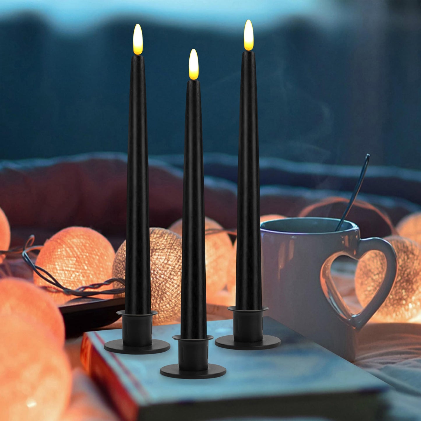 CVHOMEDECO. Flameless Taper Candles with 10-Key Remote, Battery Operated Led Flickering 3D Wick Window Candles Real Wax Finished Home Christmas Party Decor 0.78 x 11 Inch, Pack of 3, Black
