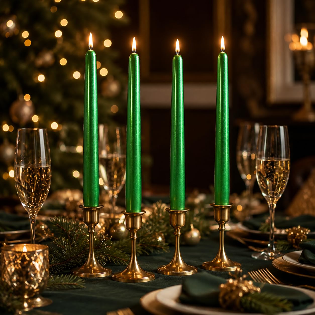 Emerald Green Taper Candles Set of 4, 10 Inch Handmade Candle Stick, Metal Candlesticks, Unscented Tapered Candles for Christmas Dinner Table Decor Gift
