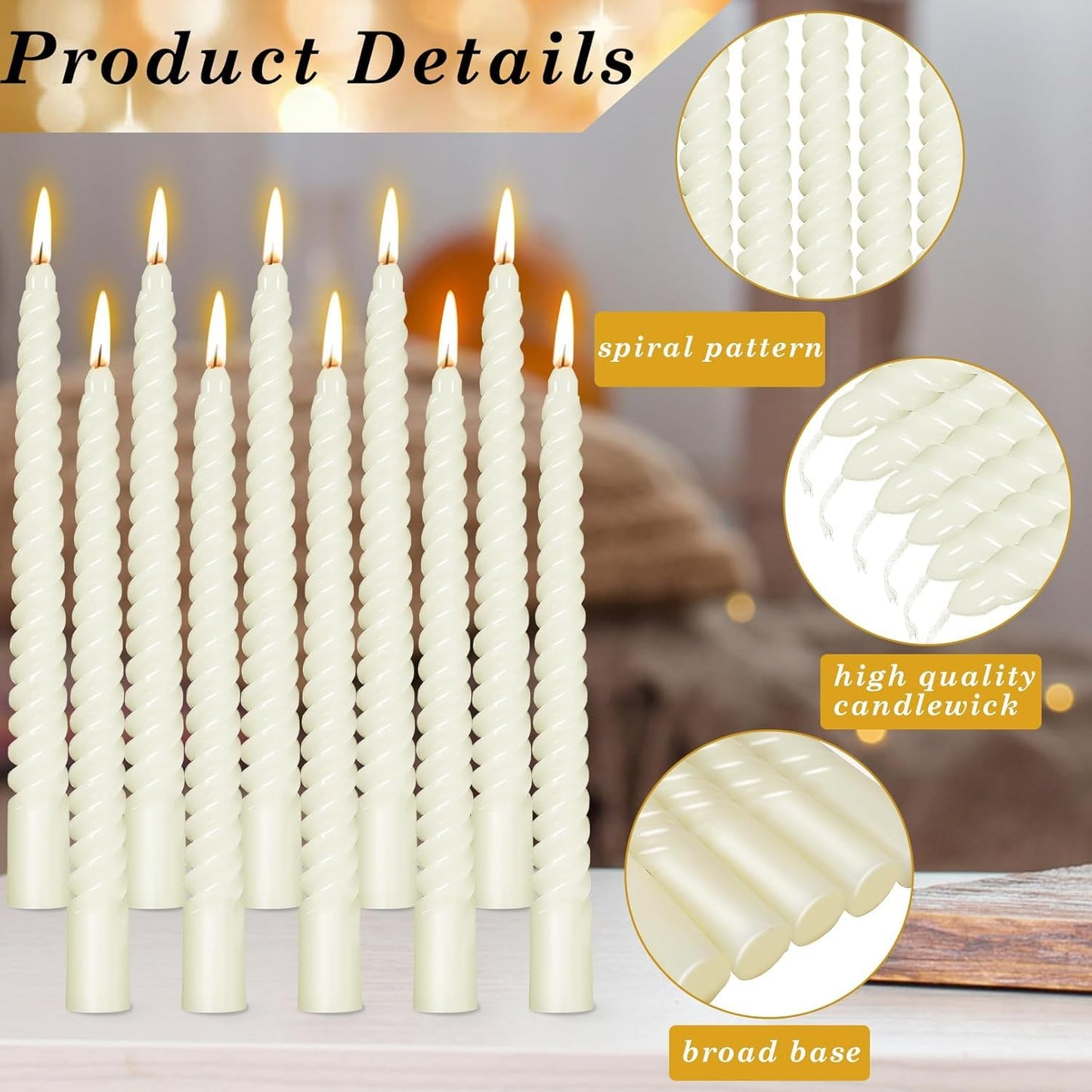 Spiral Taper Candles,10Inch Twist Taper Candle,White Spiral Candle,Dripless Twisted Candles,Taper Spiral Long Candles Wax Unscented Dinner Candle Stick Candles (White-24Pcs)