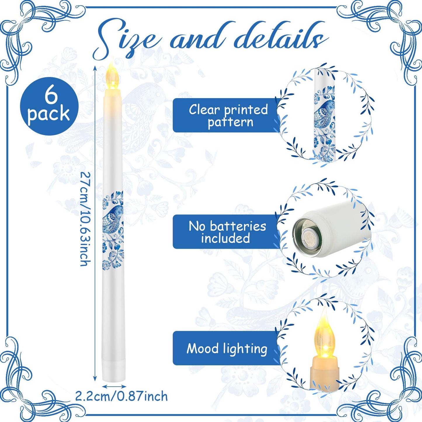 Conelist 6 Pcs Chinoiserie Flameless Candles 10 Inch Blue and White Candles Battery Operated LED Candlesticks Chinoiserie Decor for Wedding Table Centerpiece Home Party Decor Gifts