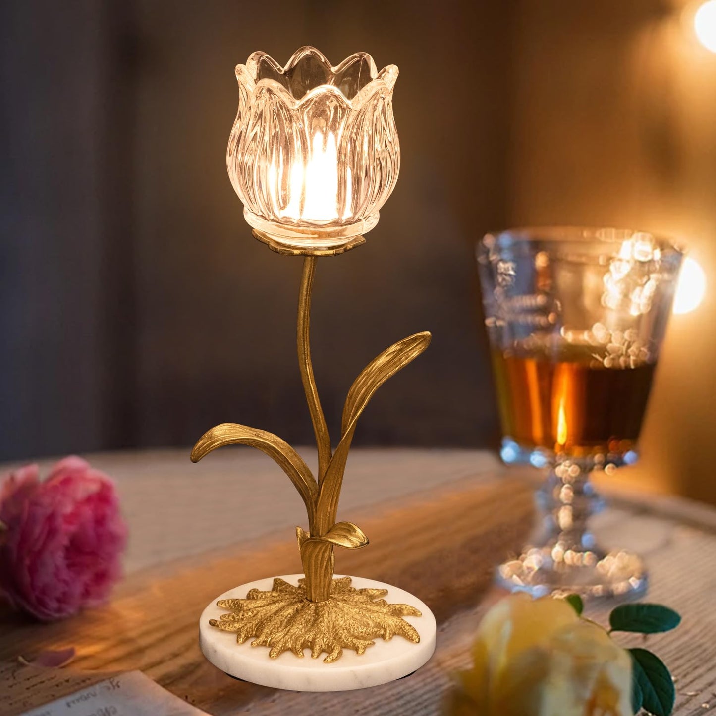 Anpdasi Candle Holder, Cut Rose Shaped Brass Candle Holder High-end Light Luxury Creative Art Crystal Glass Flower Candle Sticks Holder Decor Marble Disc Base Romantic Ambiance Table Decoration