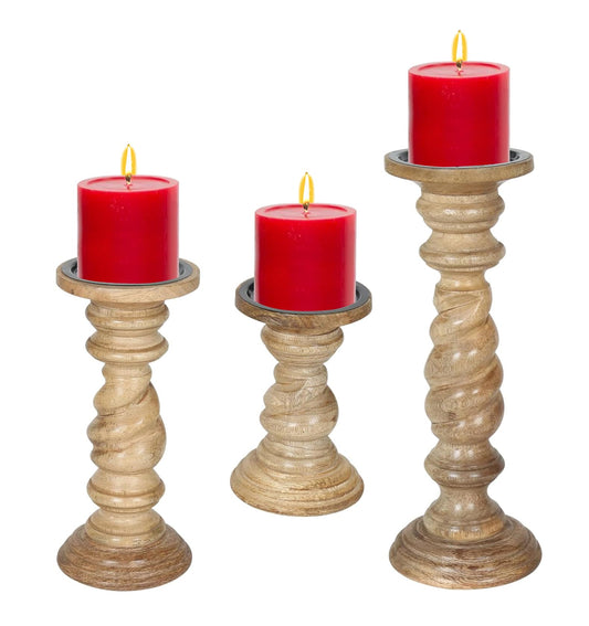 Rustic White Wash Pillar Candle Holders Set of 3 – Rope Design, 12" 9" 6" Heights – Farmhouse Candle Holders for Table Centerpiece & Decor – Fits Pillar Candles – Vintage Home Accent