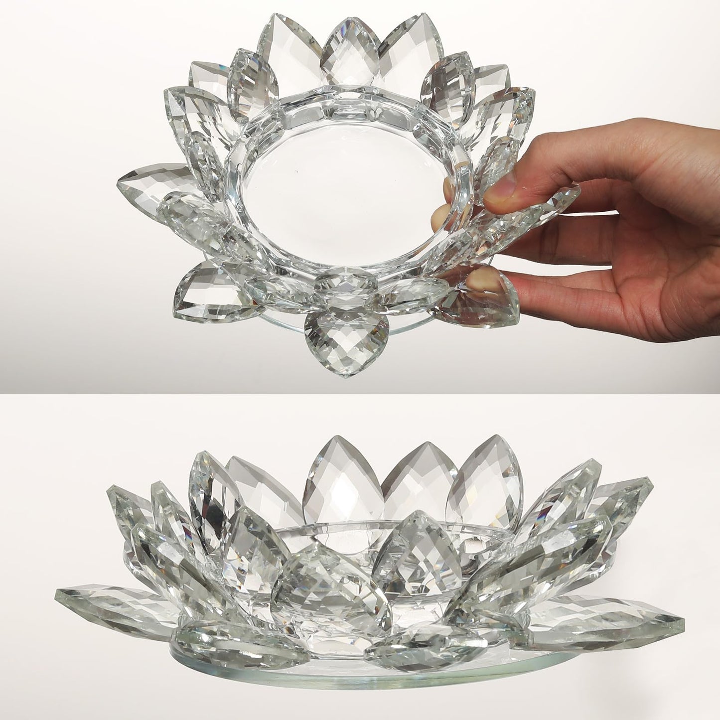 Crystal Lotus Flower Tealight Candle Holder, Clear, 7.48in