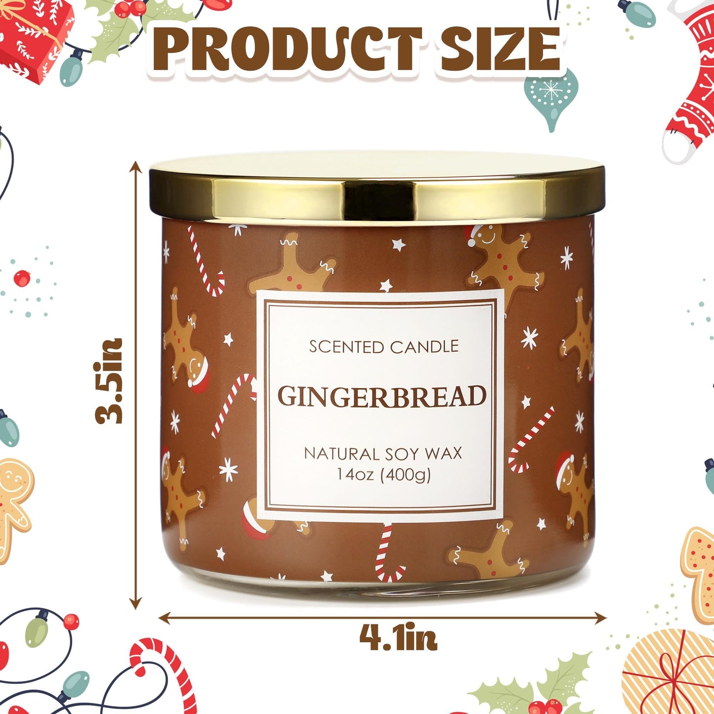 Christmas Candle, Christmas Gingerbread Candles, Candle Gifts for Women Xmas Decorations, Large 3 Wicks Scented Candle for Xmas, 14 oz Soy Wax Candle
