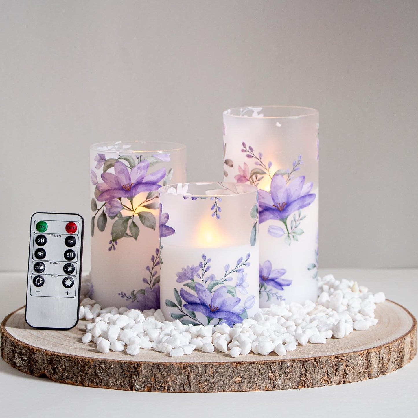 Mavandes Flameless Flickering Glass Candles with Remote and Timer,Purple Flowers LED Battery Operated Real Wax Set of 3 Realistic Wick Electric Pillar Candles,Warm Fire(3 x 4, 5, 6 Inches)