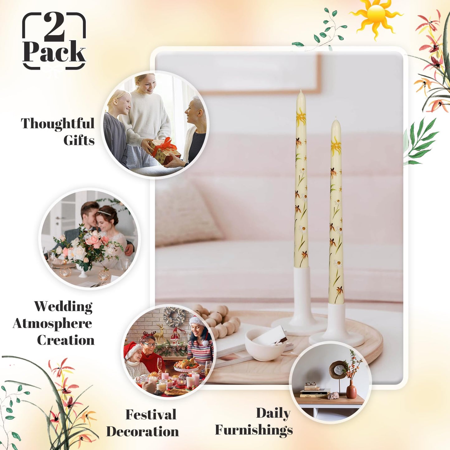 Taper Candles 10 Inch Print Candle Handmade Unscented Renanthera Long Candles 2 Pack Twisted Candlesticks for Wedding Home Decoration Gifts