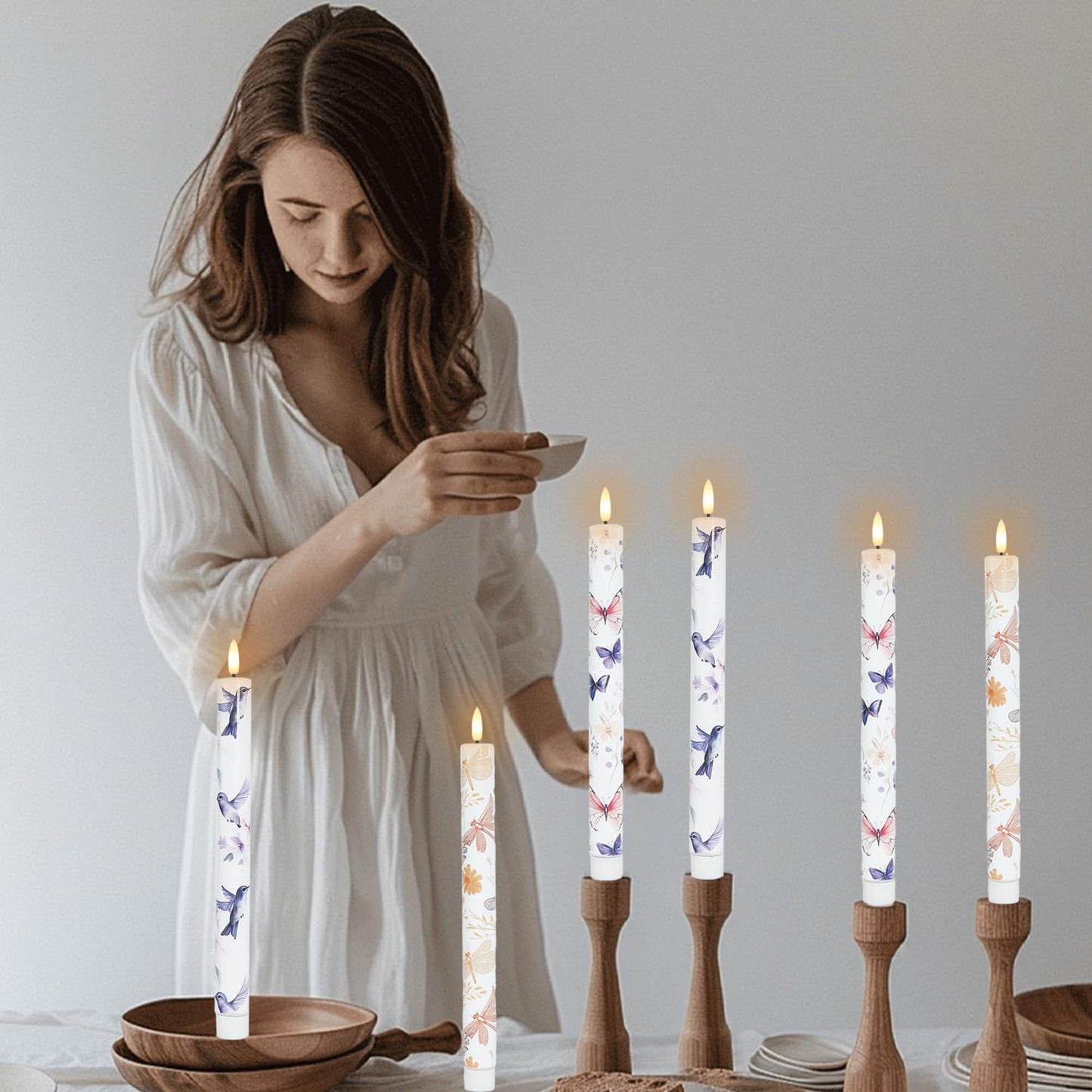 MAITREYA Flameless Taper Candles Dragonfly Butterfly Hummingbird Decor Candle Battery Operated Led Candlesticks for Wedding Party Home Table Centerpiece Christmas Halloween Gifts，10.6 Inch，6 Pcs