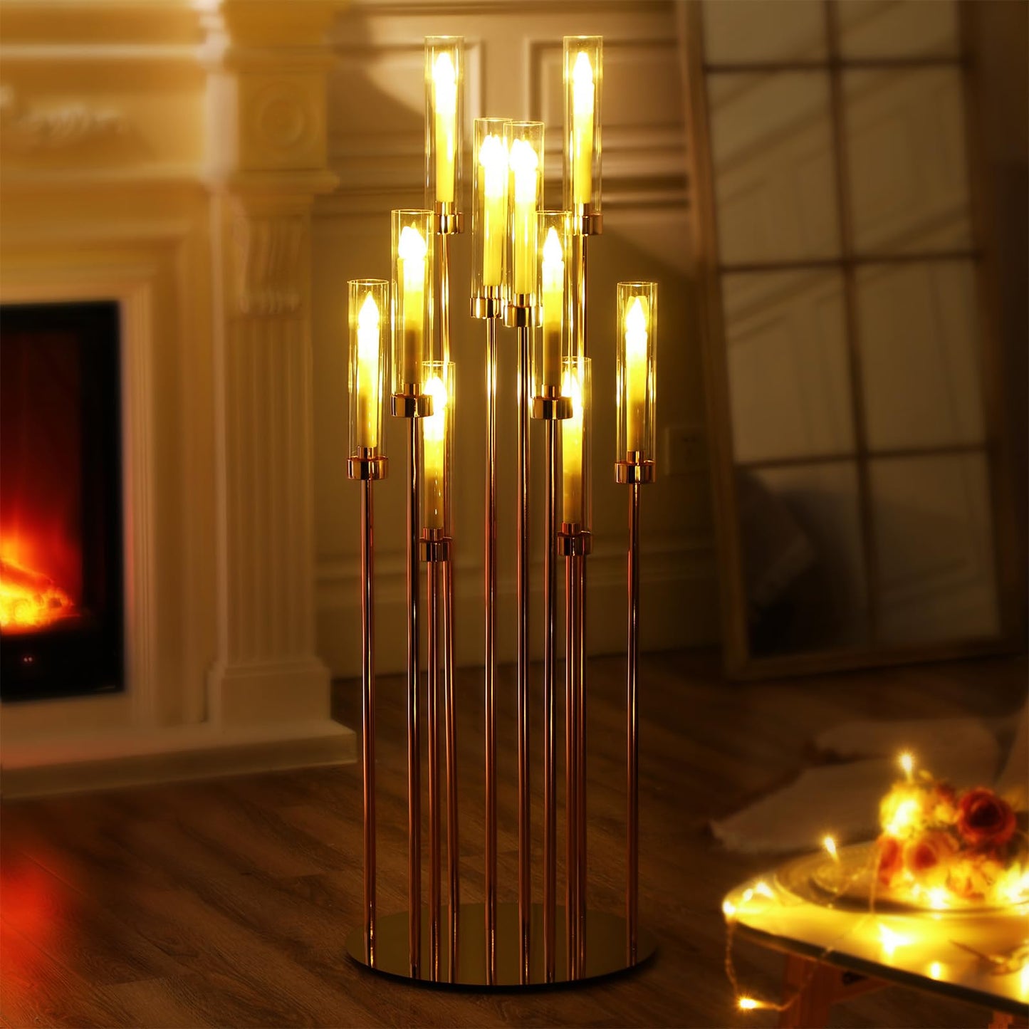 Tandefio 4 Pcs 10 Arm Wedding Gold Candelabra Floor Centerpieces with 40 LED Candle 46.5'' Tall Candlestick Metal Holder with Lampshade Fit 0.8 for Ceremony Party Dinner Table Easter Birthday Holiday