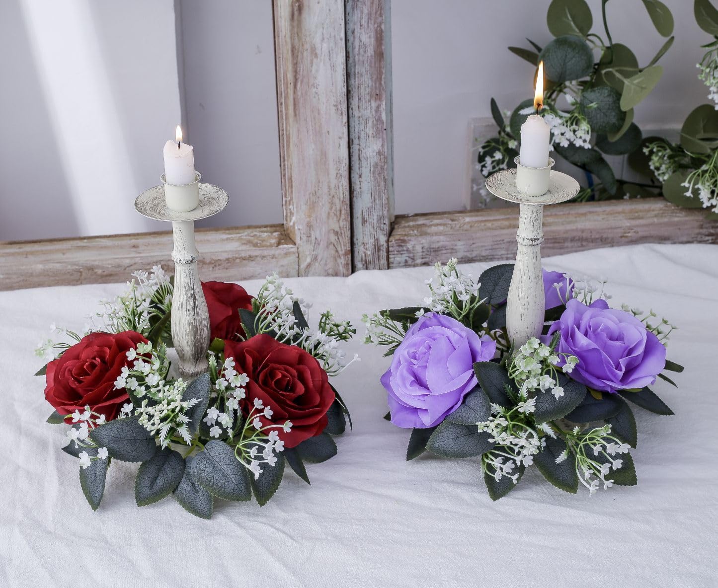 2 Pcs Artificial Rose Candle Rings Holder,Christmas Floral Wreaths with Eucalyptus Leaves Greenery Candle Rings for Pillar Candle Lantern Wedding Centerpiece Party Home Table Decor (Red)