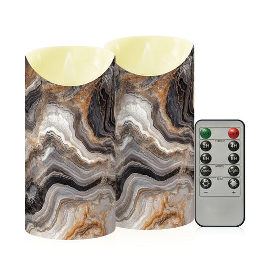 ZRYSMY Abstract Brown Gray Marble Flameless LED Candles with Remote and Timer - 5.9”x3”, 2 Pack, Battery-Operated Flickering Pillar Candles for Home Decor Christmas