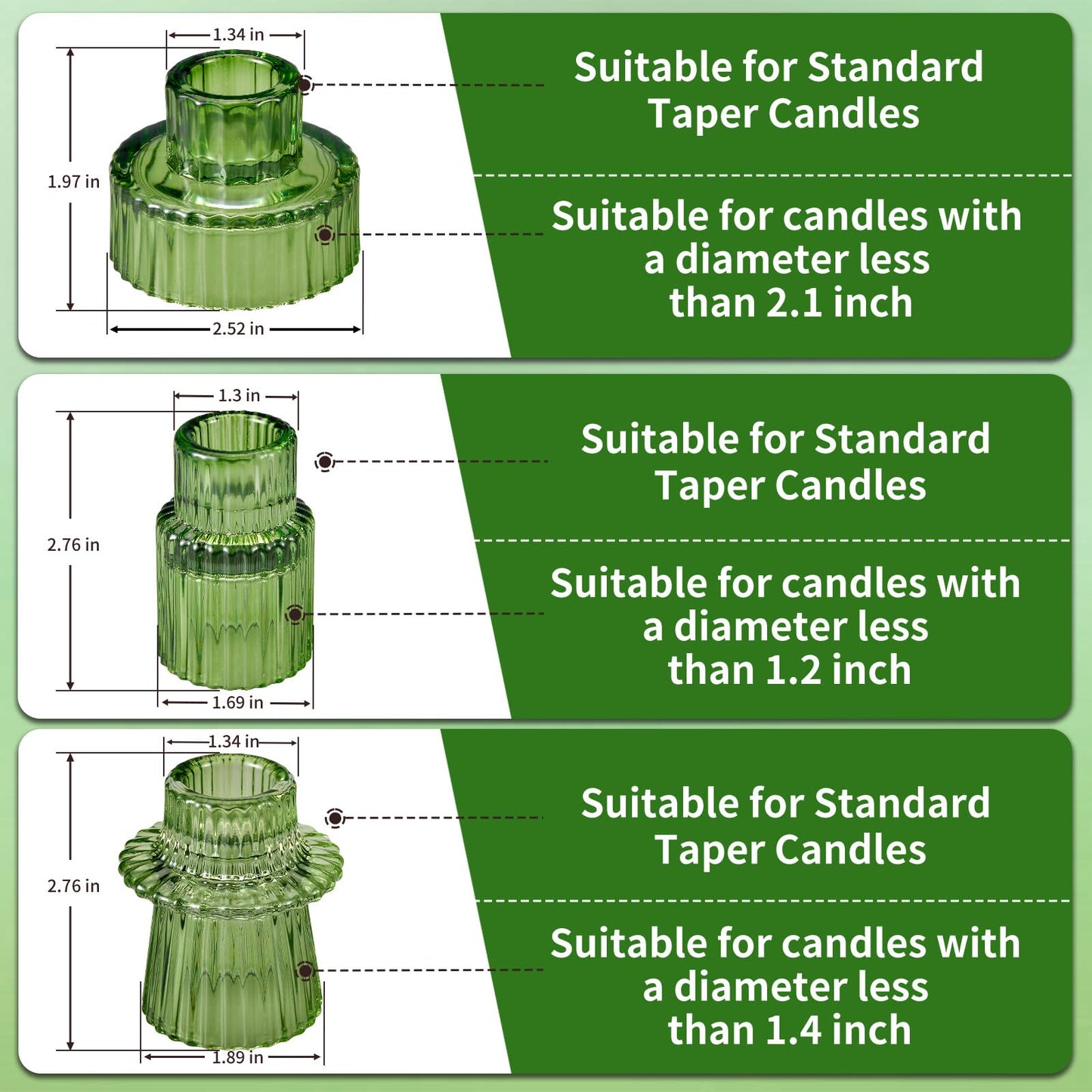 Green Taper Glass Candlestick Holders Set of 6, Tea Lights Candle Holder, Votive Candle Stick Holder for Party Wedding Dining