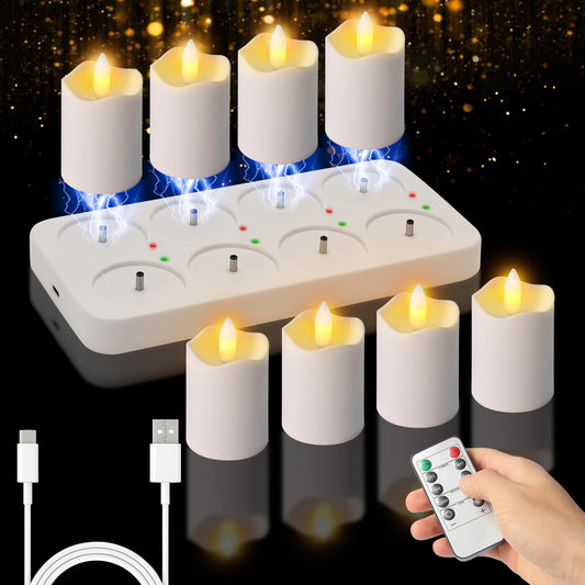 PIDZPOW Rechargeable Flameless Tea Lights Candles with Remote Timer, 8 Pack 1.5" x 2.6" LED Candles with USB Charging Base, Small Votive Candle Electric Fake Candle for Wedding Table Decor Dining