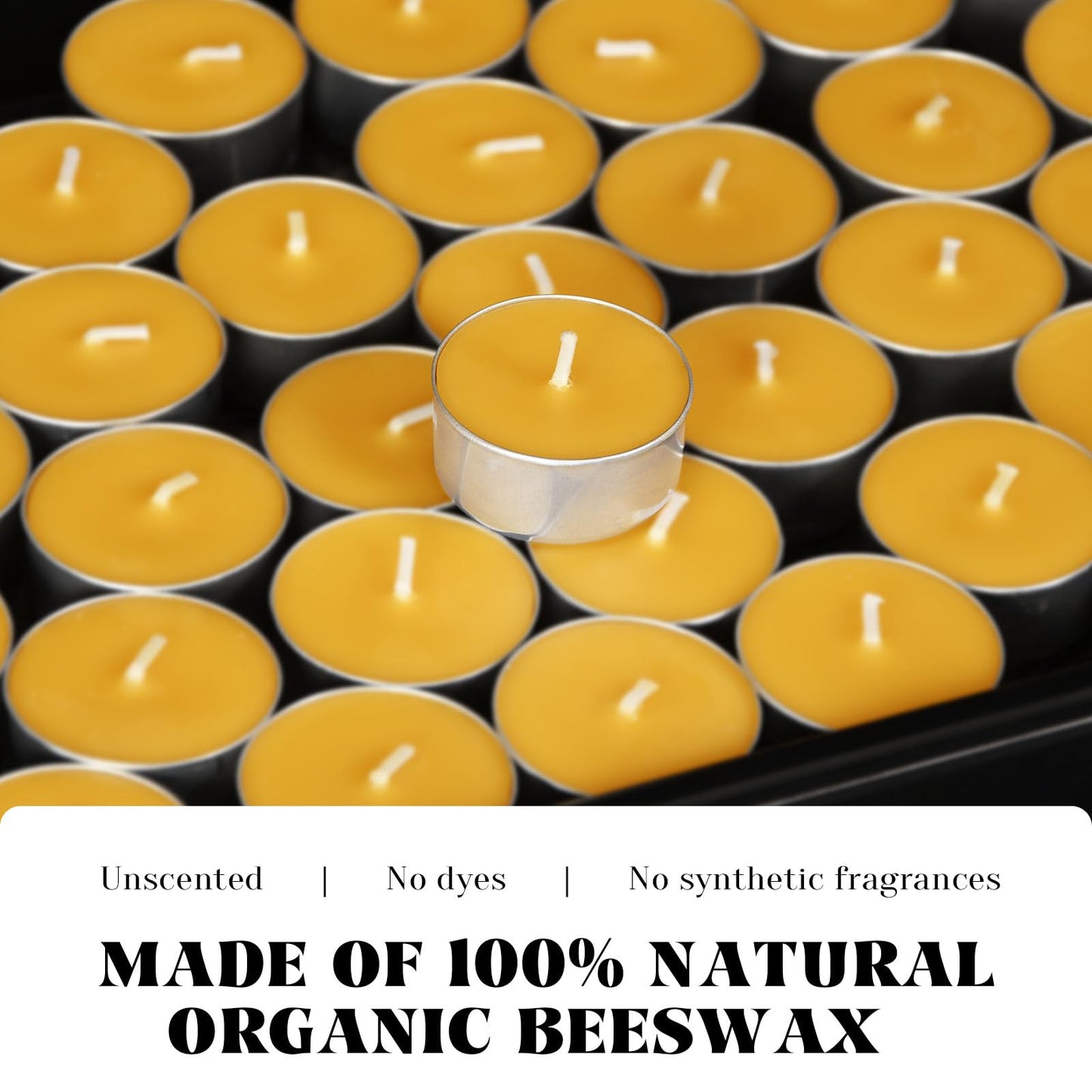 Natural Organic Beeswax Tealight Candles in Metal Aluminum Cup, Mini Beeswax Candle Bulk Unscent Smokeless 4+ Hours Burning - Yellow, Pack of 100