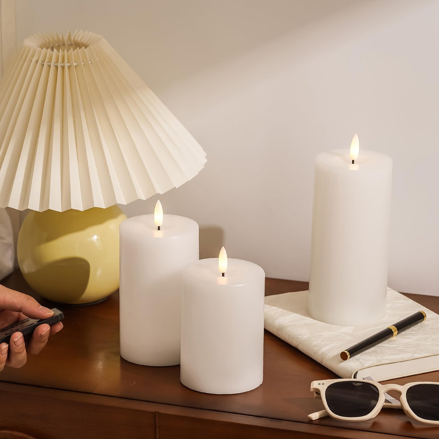 Stmarry White Flameless Candles with Remote and Timer, Real Wax Made LED Pillar Candles Battery Operated with 3D Flickering Flame - 3" x 4",5",6" - Set of 3
